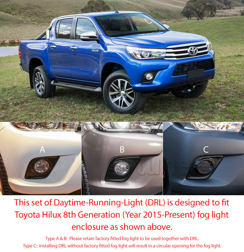 DRL02 Toyota Hilux 8th Generation Gen Series AN120 AN130 SR SR5 Workmate Hi-Rider Icon Active Invincible LED Fog Light UK United Kingdom USA Australia Europe Daytime Day Running Light DRL Day-Running-Light Lamp Front Lights With Turn Indicator Signal Light Amber White For Car Aftermarket Pair 2015 2016 2017 2018 