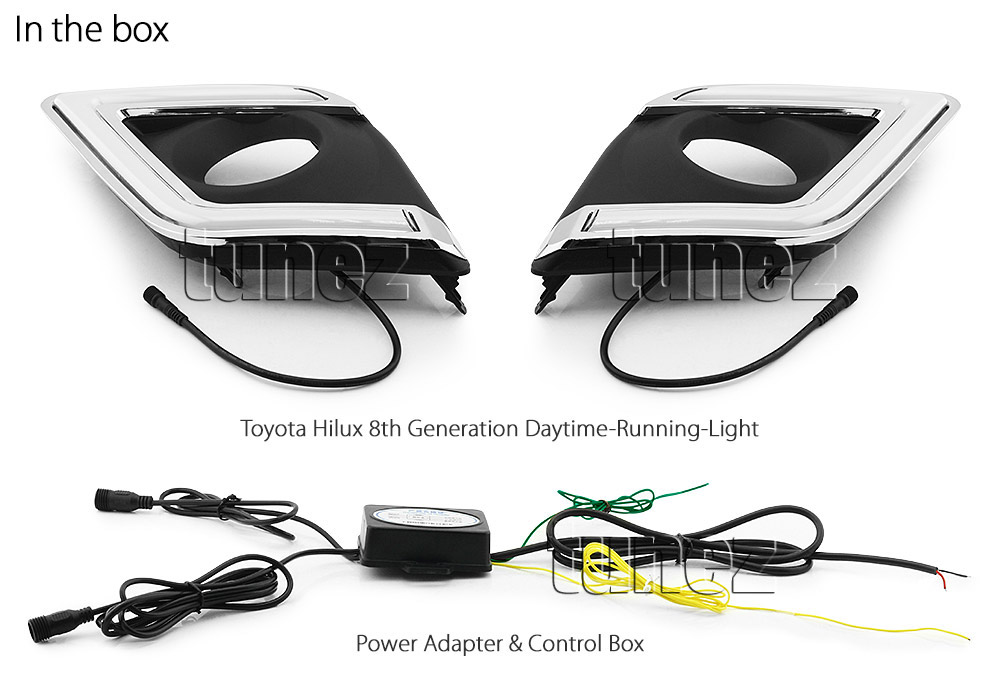 DRL02 Toyota Hilux 8th Generation Gen Series AN120 AN130 SR SR5 Workmate Hi-Rider Icon Active Invincible LED Fog Light UK United Kingdom USA Australia Europe Daytime Day Running Light DRL Day-Running-Light Lamp Front Lights With Turn Indicator Signal Light Amber White For Car Aftermarket Pair 2015 2016 2017 2018 