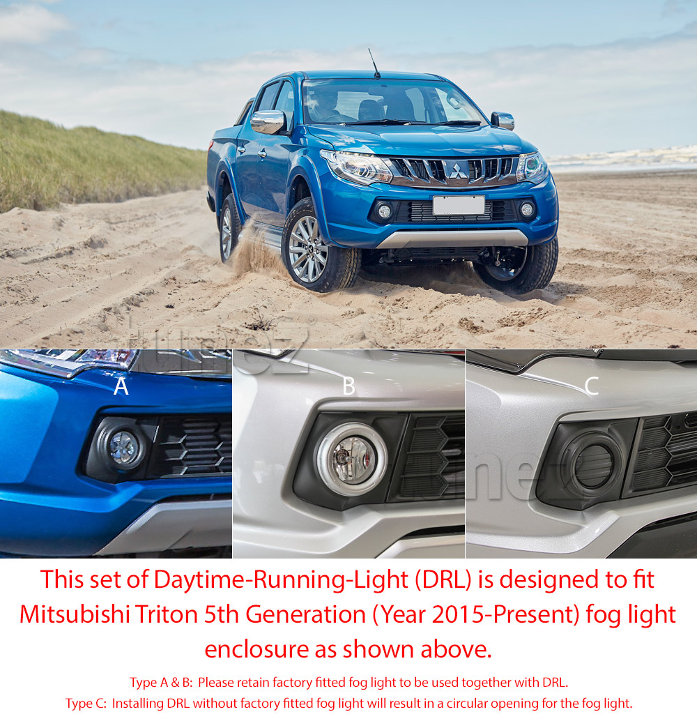 DRL08 Mitsubishi Triton MQ L200 5th Generation Gen Series GLX GLS Exceed LED Fog Light Enclosure UK United Kingdom USA Australia Europe Daytime Day Running Light DRL Daytime-Running-Light Lamp Front Lights Light White For Car Aftermarket Pair 2015 2016 2017