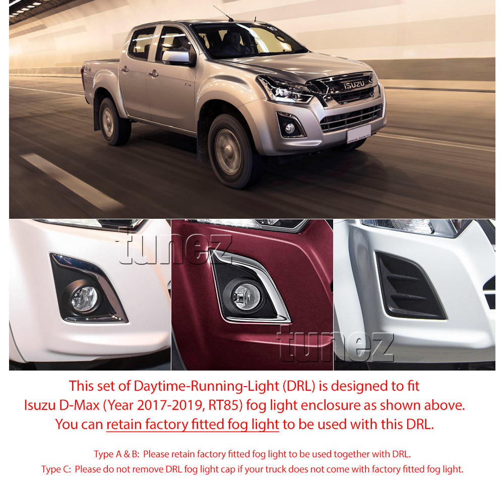 DRL10 Isuzu D-Max DMax RT85 Facelift 2nd generation gen Series EX SX LS-U LS-M X-Runner 2017 2018 2019 LED Fog Light Foglight UK United Kingdom USA Australia Europe Daytime Day Running Light DRL Day-Running-Light Lamp Front Lights Light White Set Kit For Car Turn Signal Indicator Amber Dimmed Dimmer Dim Aftermarket Pair Compatibility