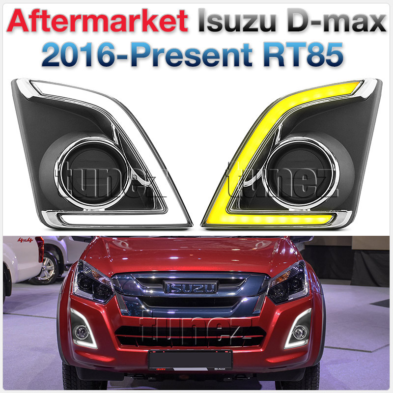 DRL10 Isuzu D-Max DMax RT85 Facelift 2nd generation gen Series EX SX LS-U LS-M X-Runner 2017 2018 2019 LED Fog Light Foglight UK United Kingdom USA Australia Europe Daytime Day Running Light DRL Day-Running-Light Lamp Front Lights Light White Set Kit For Car Turn Signal Indicator Amber Dimmed Dimmer Dim Aftermarket Pair 