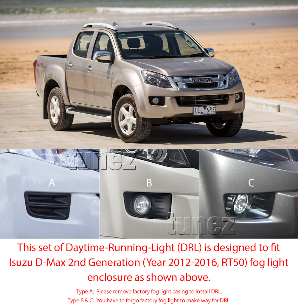 DRL11 Isuzu D-Max 2nd Generation Gen 2011 2012 2013 2014 2015 2016 RT50 LS-M LS-Terrain LS-U SX High Ride Yukon Utah Blade Eiger 4x4 4x2 Extended Single Double Cab AT35 Arctic Centurion LED Fog Light UK United Kingdom USA Australia Europe Daytime Day Running Light DRL Day-Running-Light Lamp Front Foglight Fog Enclosure Lights Amber White For Truck Car Aftermarket Pair OEM