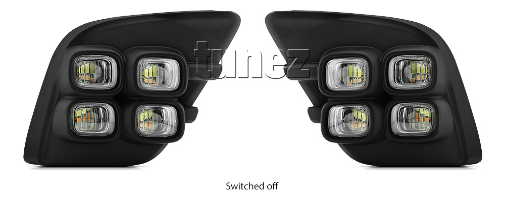 DRL12 Toyota Hilux 8th Generation Gen Series AN120 AN130 SR SR5 Workmate Hi-Rider Icon Active Invincible LED Fog Light UK United Kingdom USA Australia Europe Daytime Day Running Light DRL Day-Running-Light Lamp Front Lights With Turn Indicator Signal Light Amber White For Car Aftermarket Pair 2015 2016 2017 2018 Bezel 4 Bulb Four