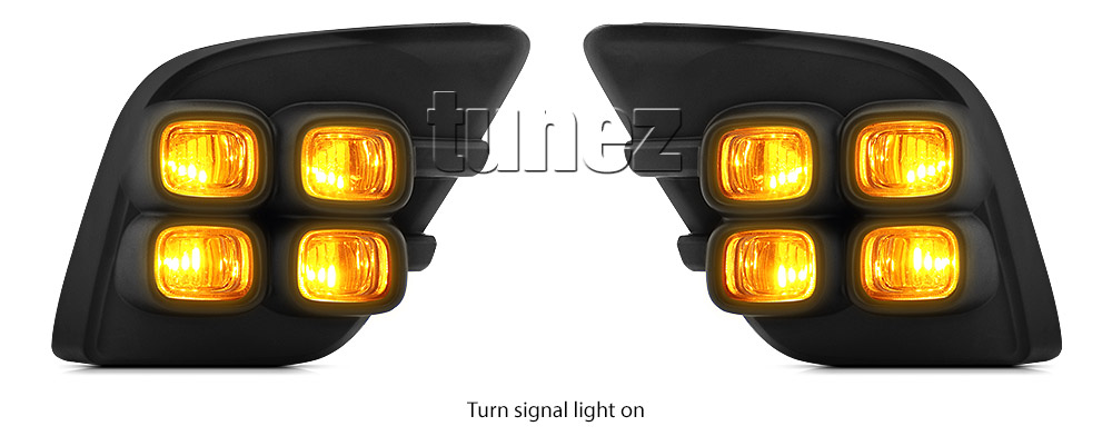 DRL12 Toyota Hilux 8th Generation Gen Series AN120 AN130 SR SR5 Workmate Hi-Rider Icon Active Invincible LED Fog Light UK United Kingdom USA Australia Europe Daytime Day Running Light DRL Day-Running-Light Lamp Front Lights With Turn Indicator Signal Light Amber White For Car Aftermarket Pair 2015 2016 2017 2018 Bezel 4 Bulb Four