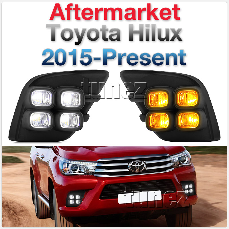 DRL12 Toyota Hilux 8th Generation Gen Series AN120 AN130 SR SR5 Workmate Hi-Rider Icon Active Invincible LED Fog Light UK United Kingdom USA Australia Europe Daytime Day Running Light DRL Day-Running-Light Lamp Front Lights With Turn Indicator Signal Light Amber White For Car Aftermarket Pair 2015 2016 2017 2018 Bezel 4 Bulb Four