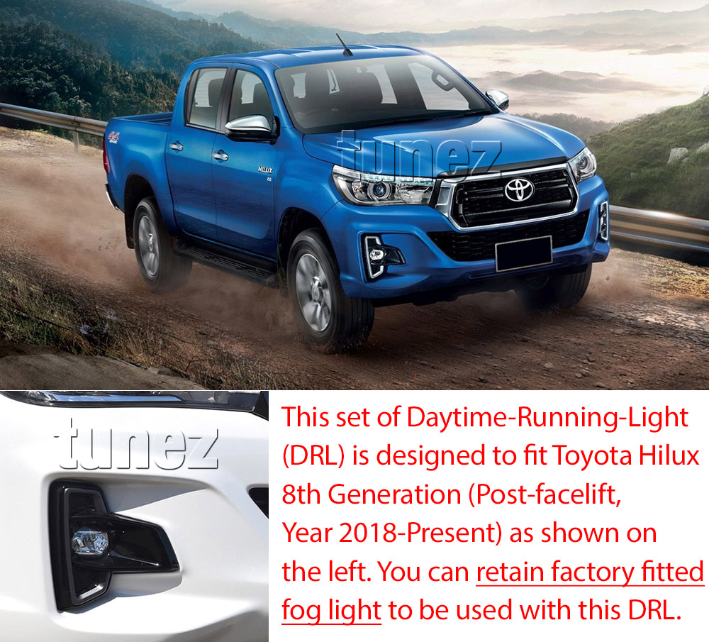 DRL19 Toyota Hilux 8th Generation Gen Series AN120 AN130 Post-facelift SR SR5 Rogue Hi-Rider Invincible X Limited Edition LED Fog Light UK United Kingdom USA Australia Europe Daytime Day Running Light DRL Day-Running-Light Lamp Front Lights With Turn Indicator Signal Light Amber White For Car Aftermarket Pair 2018 2019 Ute Cab Chasis