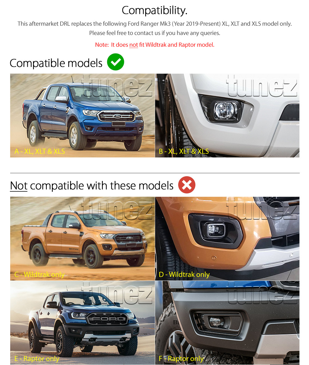 DRL21 Ford Ranger PX T6 MK3 MKIII XL XLS XLT 2019 2020 2021 OEM UK United Kingdom USA Australia Europe Daytime Day Running Light DRL Day-Running-Light Lamp Front Lights Light Turn Signal Indicators Set Kit For Car Aftermarket Pair Tunez