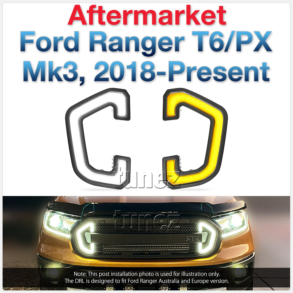 DRL25 Ford Ranger PX T6 MK3 MKIII Series Wildtrak XL XLS XLT FX4 Limited2 Limited 2 LED Fog Light UK United Kingdom USA Australia Europe Daytime Day Running Light DRL Day-Running-Light Lamp Front Lights White Turn Signal For Car Aftermarket Pair 2018 2019 2020 2021