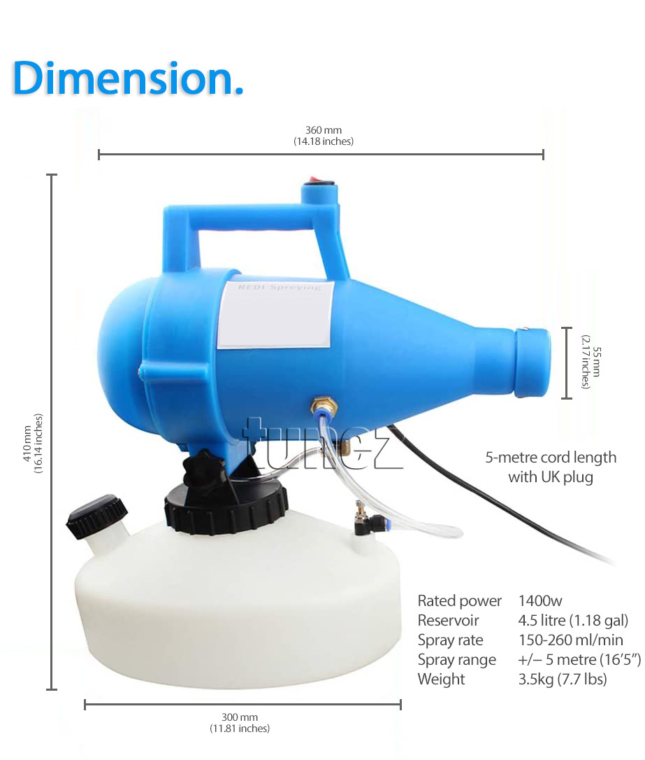 EN01 Electric Ultra Low Volume ULV Fogger Sprayer Mist Machine Oil Non-oil Water Liquid Solution Chemical Based Fumigation Disinfection Sanitisation Sterilisation Disinfectant Disinfect Fogging Fumigate 4.5 liter Electrical 5-meter cord Australian Plug British UK Plug Adjustable Flow Rate