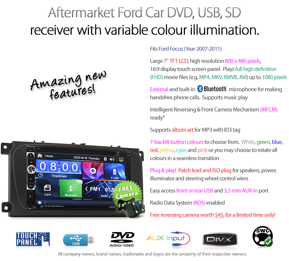 FF17DVD Ford Focus Generation MK3 MKIII Year 2007 2008 2009 2010 2011 7-inch Australia UK European USA Direct Loading design car DVD USB SD CD player RDS radio stereo head unit details mp3 mp4 DIVX Aftermarket External and Internal Microphone Bluetooth Europe Free Reversing Camera ID3 Tag RMVB MP4 MKV AVI Full High Definition FHD 1080p Fascia Facia Kit ISO Wiring Harness Plug Front Camera Connects2 CTSFO002.2 CTSFO003.2