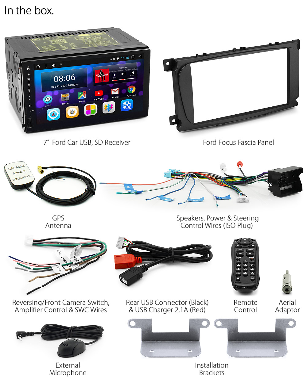 FF27AND GPS Ford Focus Mondeo Generation MK2 MK3 MKII MKIII Year 2007 2008 2009 2010 2011 2012 2013 2014 2015 7-inch Aftermarket Universal Dedicated Double DIN Latest Australia UK European USA Original Android 7.1 Nougat car USB Charger 2.1A SD player radio stereo head unit details External and Internal Microphone Bluetooth Europe Sat Nav Navi Plug and Play ISO Plug Wiring Harness Matching Matte Silver Fascia Kit Facia Free Reversing Camera Album Art ID3 Tag RMVB MP3 MP4 AVI MKV Full High Definition FHD Apple AirPlay Air Play MirrorLink Mirror Link 1080p DAB+ Digital Radio DAB + Connects2 CTSFO002.2 CTSFO003.2