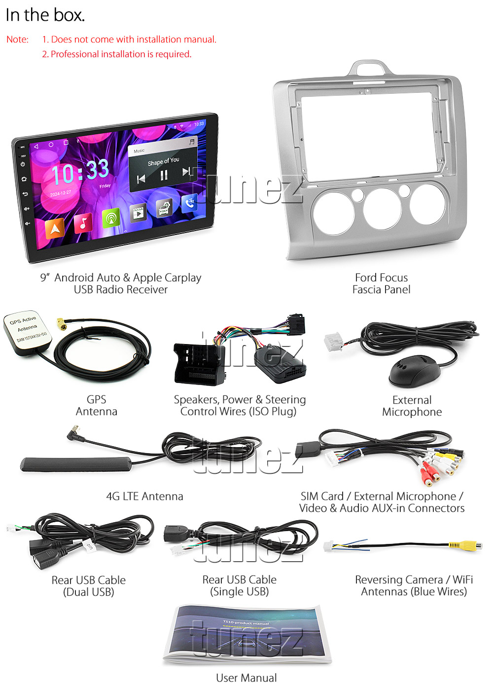 FF31AND GPS Aftermarket Ford Focus 2nd Second Generation Gen Europe European Australia LS ST LV Series MK2 Chassis Year 2005 2006 2007 2008 2009 2010 2011 capacitive 9 inches touchscreen Universal Double DIN Latest Australia UK European USA Original CarPlay Android Auto 10 Car USB player radio stereo 4G LTE WiFi head unit details Aftermarket External and Internal Microphone Bluetooth Europe Sat Nav Navi Plug and Play ISO Plug Wiring Harness Matching Fascia Kit Facia Free Reversing Camera Album Art ID3 Tag RMVB MP3 MP4 AVI MKV Full High Definition FHD 1080p DAB+ Digital Radio DAB + Connects2 CTSIZ001.2