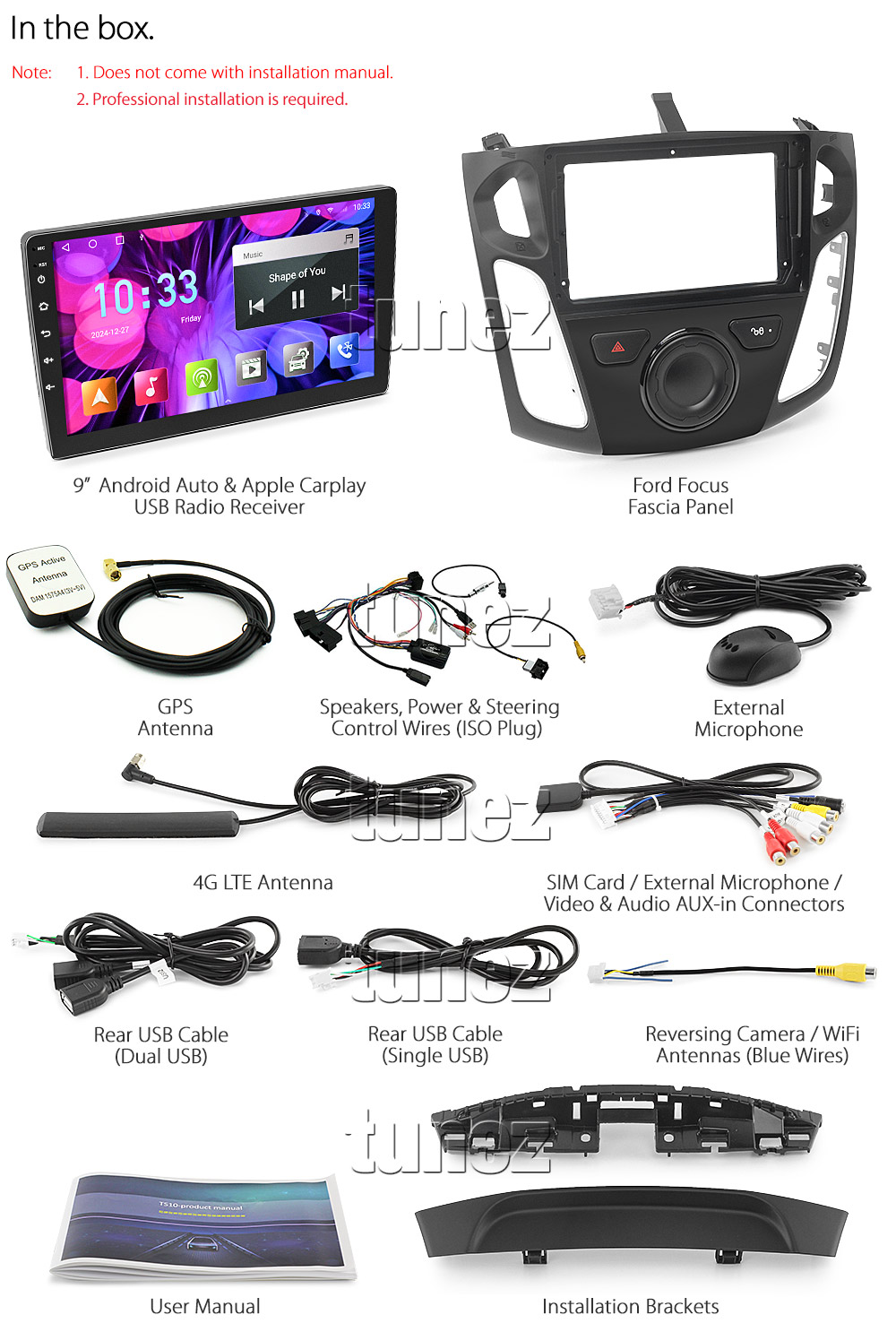 SRRFF32AND GPS Aftermarket Ford Focus 3rd Second Generation Gen Year 2012 2013 2014 2015 2016 2017 9-inch touchscreen Universal Double DIN Latest Australia UK European USA Apple CarPlay Android Auto 10 Car USB player radio stereo 4G LTE WiFi head unit details Aftermarket External and Internal Microphone Bluetooth Europe Sat Nav Navi Plug and Play ISO Plug Wiring Harness Matching Fascia Kit Facia Free Reversing Camera Album Art ID3 Tag RMVB MP3 MP4 AVI MKV Full High Definition FHD 1080p DAB+ Digital Radio DAB + Connects2 CTSIZ001.2