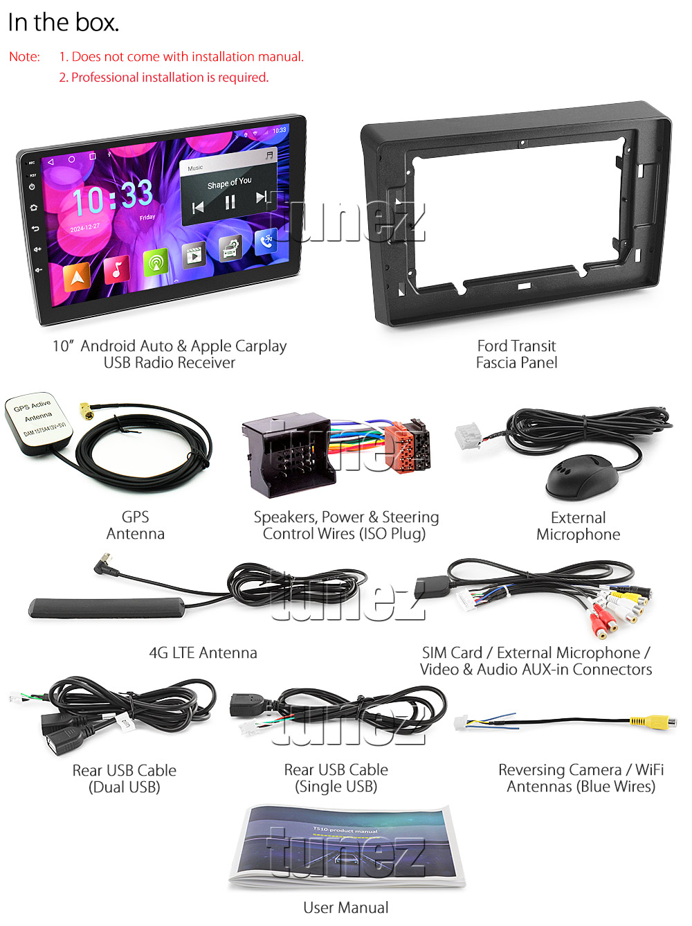 FF35AND GPS Aftermarket Ford Transit 3rd Generation 2006 2007 2008 2009 2010 2011 2012 2013 capacitive 10 inches touchscreen Universal Double DIN Latest Australia UK European USA Original CarPlay Android Auto 10 Car USB player radio stereo 4G LTE WiFi head unit details Aftermarket External and Internal Microphone Bluetooth Europe Sat Nav Navi Plug and Play ISO Plug Wiring Harness Matching Fascia Kit Facia Free Reversing Camera Album Art ID3 Tag RMVB MP3 MP4 AVI MKV Full High Definition FHD 1080p DAB+ Digital Radio DAB + Connects2 CTSIZ001.2