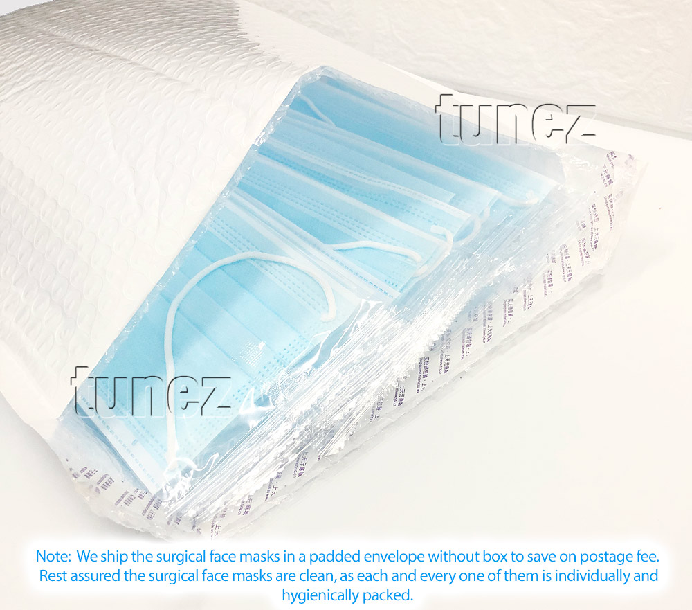 FM01 Surgical Medical Procedure Facial Mask Face 50 pieces 3 Ply Layers Disposable Mouth 3 Protective Non Woven Hygiene Hygienically Individually Packed Dustproof Bacteria Blue Green Ear Loop Aluminium Nose Guard Hypoallergenic Filtration Efficiency BFE 98%