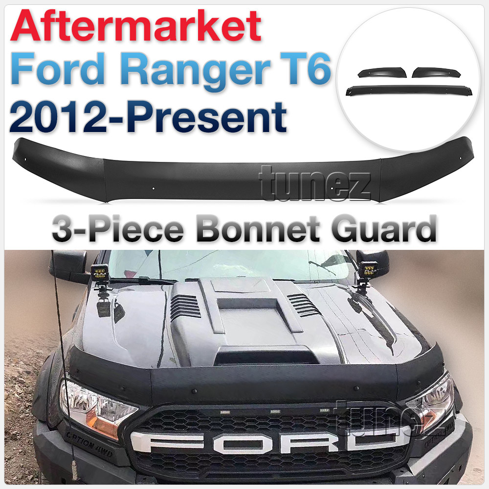 FRM22 Ford Ranger PX T6 Raptor Generation Gen Bonnet Visor Guard Protector Shield Black Matte Matt Solid Front For XL XLT XLS Hi Rider Wildtrak FX4 UK United Kingdom USA Australia Europe Night Dark Sky Series Edition For Car Aftermarket Set 3-Piece 2015 2016 2017 2018 2019 2020 2021 2022