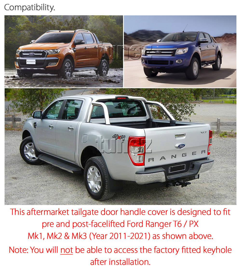 FRM23 Ford Ranger PX T6 MK1 MK2 MK3 MKII MKI MKIII XL XLS XLT Limited2 Limited 2 Tailgate Trunk Handle Cover Guard For Car Matte Matt Black Night Dark Sky Series Edition Protector Cover Passenger Front Rear Side For Car Aftermarket Set Pair 2011 2012 2013 2014 2015 2016 2017 2018 2019 2020 2021 Autotunez Tunez UK United Kingdom USA Australia Europe