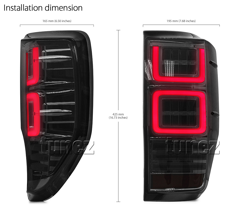 FRR08 Ford Ranger PX T6 MK1 MK2 MKI MKII MKIII MK3 Raptor Wildtrak XL XLS XLT Limited2 Limited 2 Smoked Smoke 3 Three LED Tail Rear Lamp Lights For Car Autotunez Tunez Taillights Rear Lamp Light Aftermarket Pair Set Raptor 2011 2012 2013 2014 2015 2016 2017 2018 2019 Sequential Motion Turn Signal Indicators OEM Manufacturer Premier Series 24-months 2-Year Warranty Land Rover Discovery Style Look Dimension