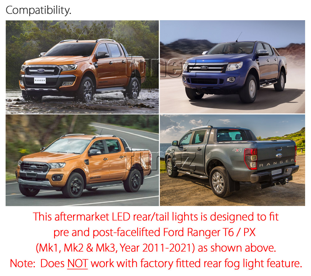 FRR20 Ford Ranger PX T6 MK1 MK2 MK3 MKI MKII MKIII Raptor FX4 Wildtrak XL XLS XLT Limited2 Limited 2 Smoked Smoke F-150 F150 Styled Three LED Tail Rear Lamp Lights For Car Autotunez Tunez Taillights Rear Light OEM Aftermarket Pair Set Raptor 2011 2012 2013 2014 2015 2016 2017 2018 2019 2020 2021 Turn Signal Indicators OEM Manufacturer Premier Series 1-Year 12-month Warranty Style Look