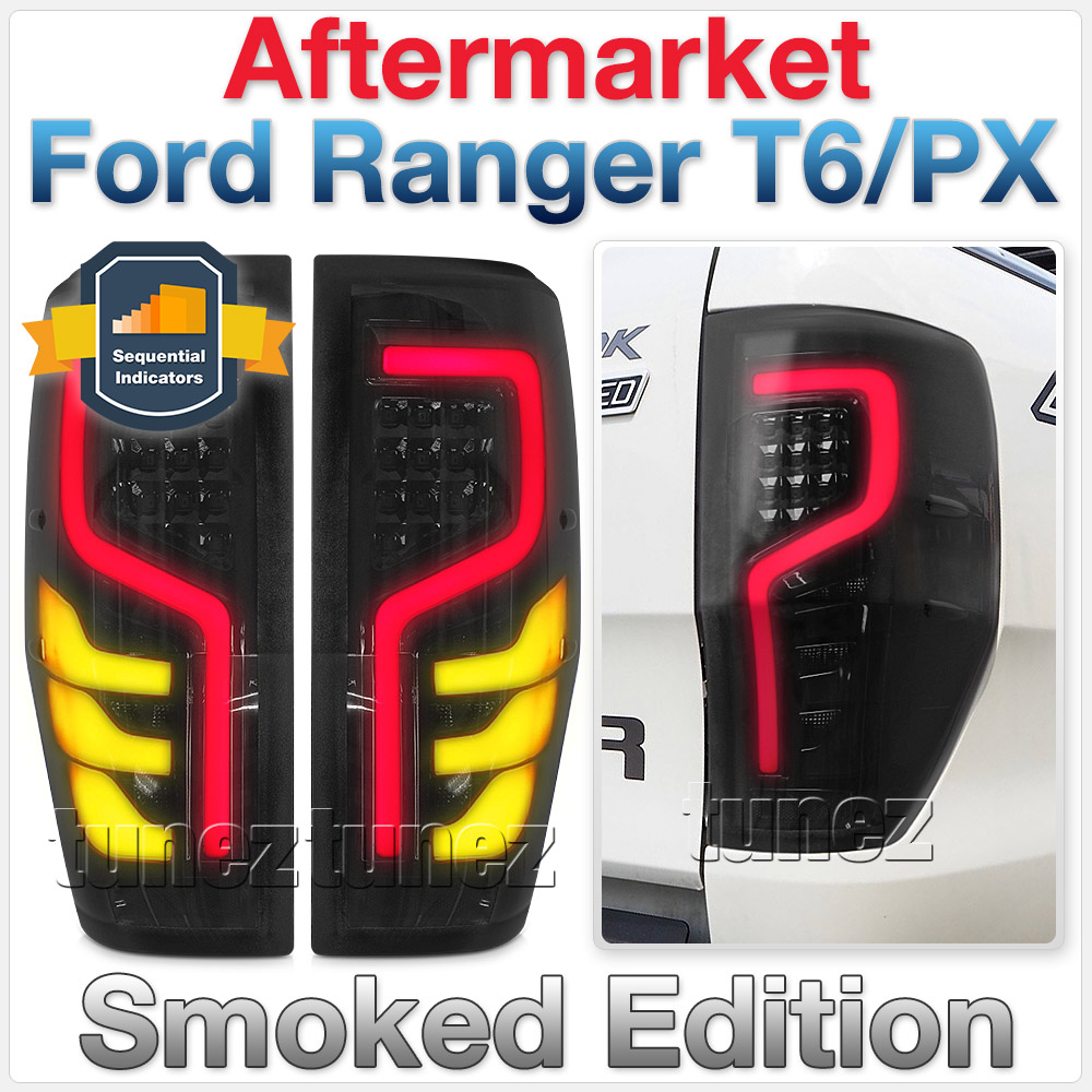 FRR17 Ford Ranger PX T6 MK1 MK2 MKI MKII MKIII MK3 Wildtrak XL XLS XLT FX4 Limited 2 Black Edition Smoked Smoke Full LED Tail Rear Lamp Lights For Car Truck Taillights Light Aftermarket Australia United Kingdom UK European Europe Pair Set Left Right 2011 2012 2013 2014 2015 2016 2017 2018 2019 2020 Sequential Motion Turn Signal Indicators Reversing Reverse Tunez