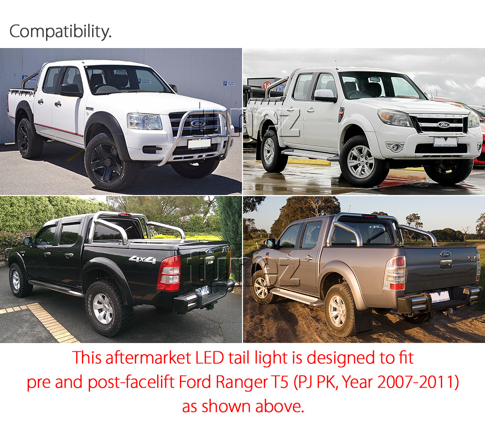 FRR18 Ford Ranger T5 PJ PK Mk1 Mk2 2007 2008 2009 2010 2011 XL XLT Hi-Rider Wildtrak Trim Edition Version Smoke Smoked Sequential Turn Signal Replacement OEM Standard Original Replace A Pair Set Left Right Side LH RH ABS Back Rear Tail Light Tail Lamp Head Taillights LED Bulb Type Aftermarket Tunez