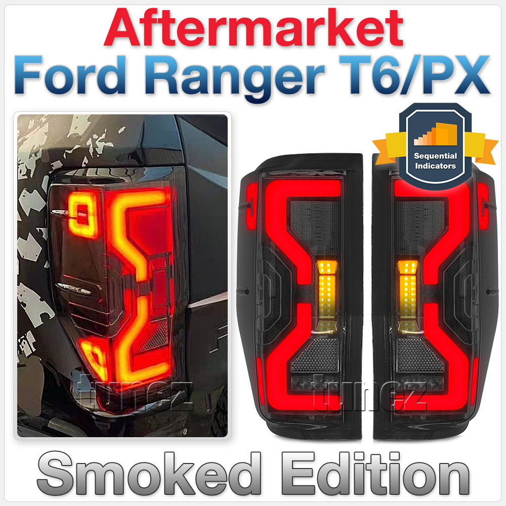 FRR22 Ford Ranger PX T6 MK1 MK2 MKI MKII MKIII MK3 Wildtrak XL XLS XLT Limited 2 Black Edition Smoked Smoke 2022 three-dimensional 3D Edition Full LED Tail Rear Lamp Lights For Car Truck Taillights Light Aftermarket Australia United Kingdom UK European Europe Pair Set Left Right 2011 2012 2013 2014 2015 2016 2017 2018 2019 2020 2021 Sequential Motion Turn Signal Indicators Reversing Reverse Tunez