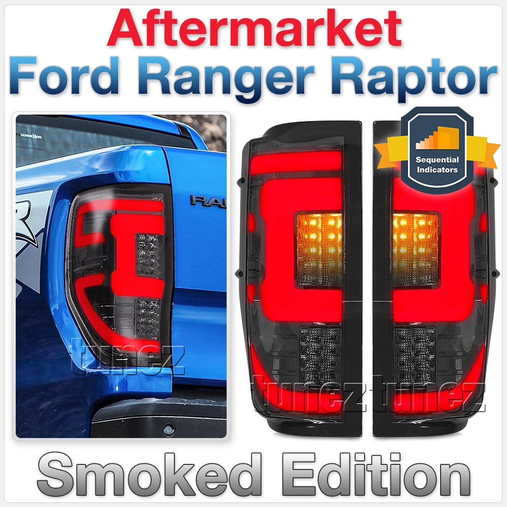 FRR25 Ford Ranger PX T6 Raptor Smoked Smoke F-150 F150 Black Edition Styled Three LED Tail Rear Lamp Lights For Car Autotunez Tunez Taillights Rear Light OEM Aftermarket Pair Set 2018 2019 2020 2021 OEM Manufacturer Premier Series 1-Year 12-month Warranty Style Look 2.0 Bi Turbo CDI Bi-Turbo
