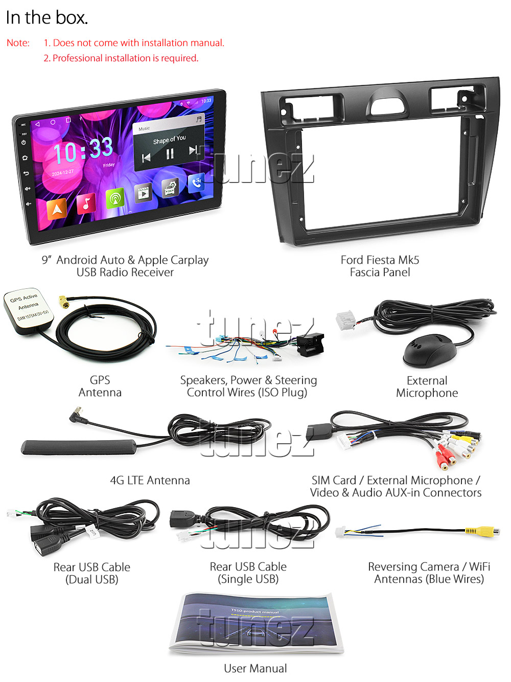 FST01AND GPS Aftermarket Ford Fiesta Mk5 WP WQYear 2006 2007 2008 touchscreen capacitive 9 inches touchscreen Universal Double DIN Latest Australia UK European USA Original CarPlay Android Auto 10 Car USB player radio stereo 4GdLTE WiFi head unit details Aftermarket External and Internal Microphone Bluetooth Europe Sat Nav Navi Plug and Play ISO Plug Wiring Harness Matching Fascia Kit Facia Free Reversing Camera Album Art ID3 Tag RMVB MP3 MP4 AVI MKV Full High Definition FHD 1080p DAB+ Digital Radio DAB + Connects2 CTSIZ001.2