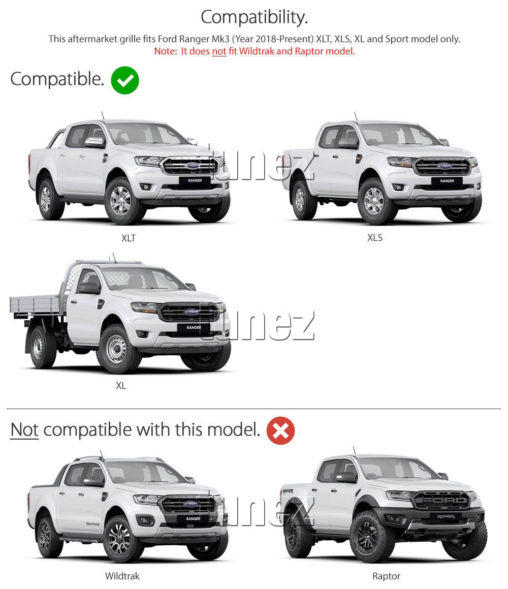 GFR08 Aftermarket Ford Ranger T6 PX MK3 MKIII Series Badge Sport XL XLT XLS Limited 2018 2019 2020 Grill Grille Sports Storm Edition With Matte Matt Black Red Silver Bracket Fang ABS OEM Fitting UK United Kingdom USA Australia Europe For Car Truck Ute 3-piece LED White Daylight