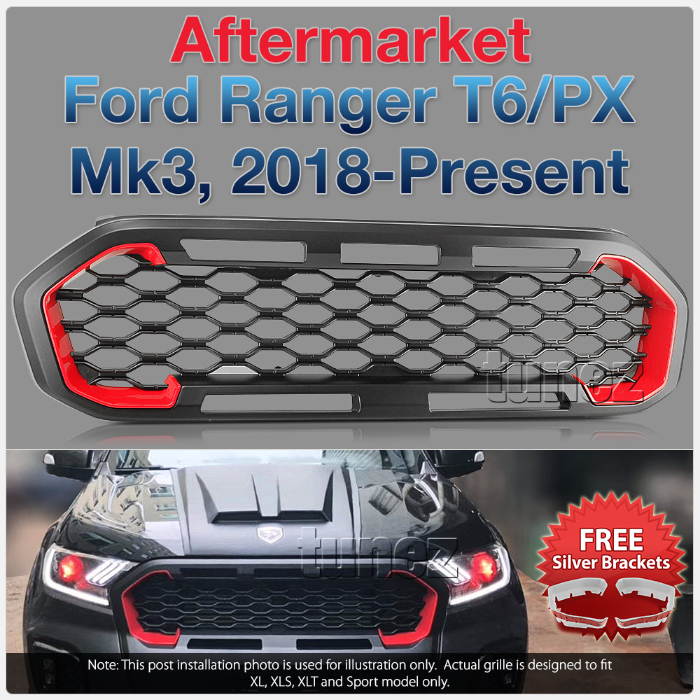 GFR06 Aftermarket Ford Ranger T6 PX MK3 MKIII Series Badge Sport XL XLT XLS Limited 2018 2019 2020 Grill Grille Sports Storm Edition With Matte Matt Black Red Silver Bracket Fang ABS OEM Fitting UK United Kingdom USA Australia Europe For Car Truck Ute