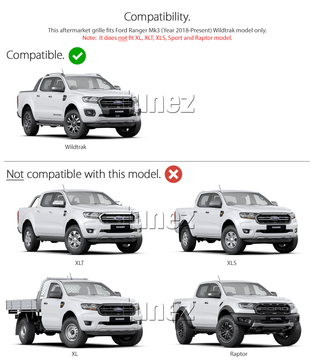 GFR09 Aftermarket Ford Ranger T6 PX MK3 MKIII Series Wildtrak 2018 2019 2020 Grill Grille Sports Storm Edition With Matte Matt Black Red Silver Bracket Fang ABS OEM Fitting UK United Kingdom USA Australia Europe For Car Truck Ute 3-piece LED White Daylight