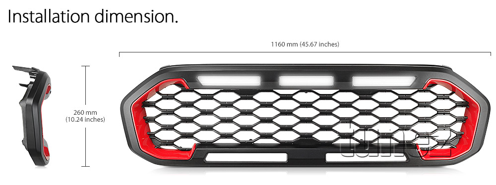 GFR08 Aftermarket Ford Ranger T6 PX MK3 MKIII Series Badge Sport XL XLT XLS Limited 2018 2019 2020 Grill Grille Sports Storm Edition With Matte Matt Black Red Silver Bracket Fang ABS OEM Fitting UK United Kingdom USA Australia Europe For Car Truck Ute 3-piece LED White Daylight