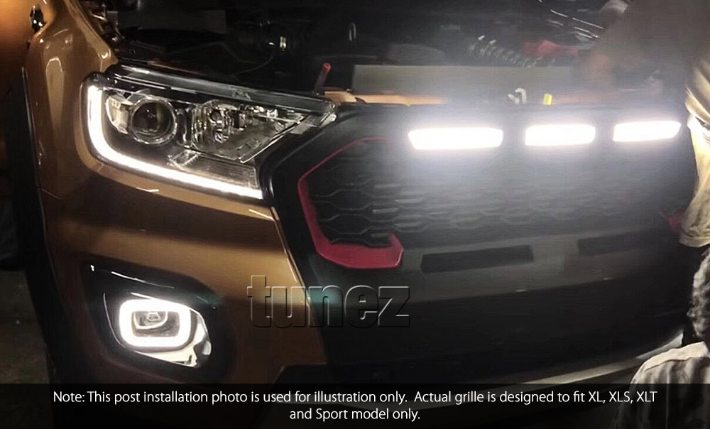 GFR08 Aftermarket Ford Ranger T6 PX MK3 MKIII Series Badge Sport XL XLT XLS Limited 2018 2019 2020 Grill Grille Sports Storm Edition With Matte Matt Black Red Silver Bracket Fang ABS OEM Fitting UK United Kingdom USA Australia Europe For Car Truck Ute 3-piece LED White Daylight