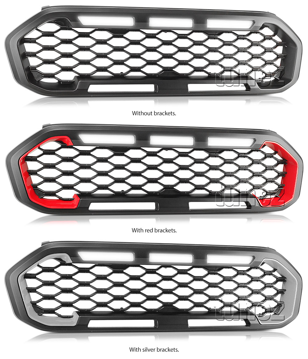 GFR08 Aftermarket Ford Ranger T6 PX MK3 MKIII Series Badge Sport XL XLT XLS Limited 2018 2019 2020 Grill Grille Sports Storm Edition With Matte Matt Black Red Silver Bracket Fang ABS OEM Fitting UK United Kingdom USA Australia Europe For Car Truck Ute 3-piece LED White Daylight