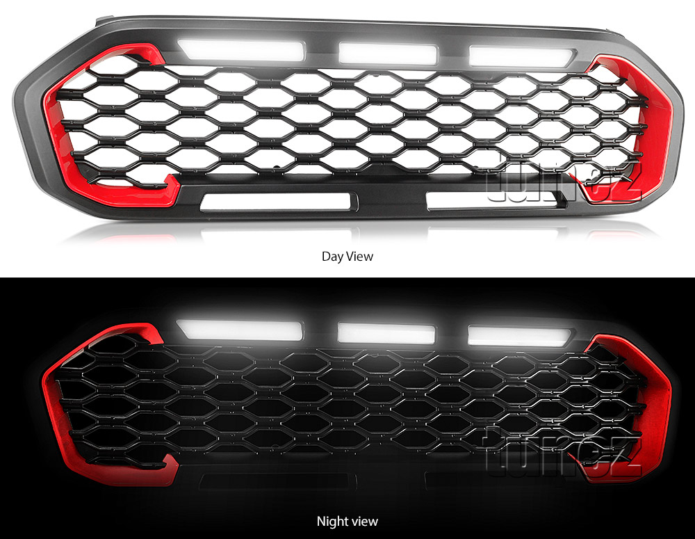 GFR08 Aftermarket Ford Ranger T6 PX MK3 MKIII Series Badge Sport XL XLT XLS Limited 2018 2019 2020 Grill Grille Sports Storm Edition With Matte Matt Black Red Silver Bracket Fang ABS OEM Fitting UK United Kingdom USA Australia Europe For Car Truck Ute 3-piece LED White Daylight