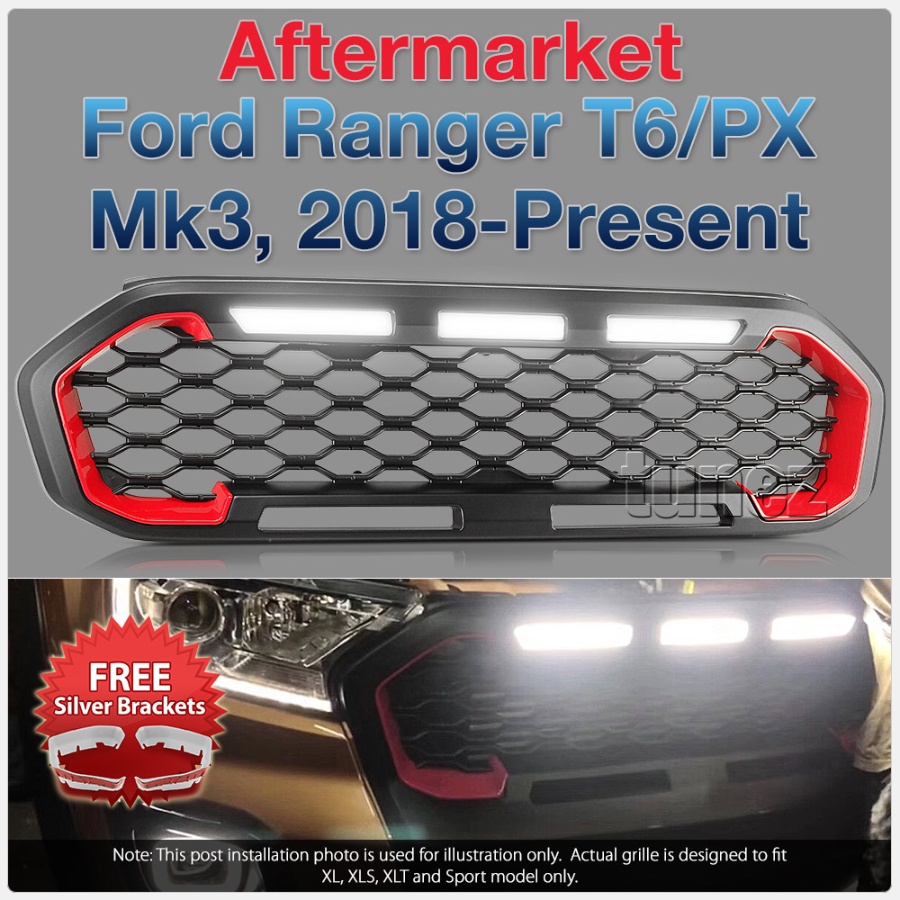 GFR08 Aftermarket Ford Ranger T6 PX MK3 MKIII Series Badge Sport XL XLT XLS Limited 2018 2019 2020 Grill Grille Sports Storm Edition With Matte Matt Black Red Silver Bracket Fang ABS OEM Fitting UK United Kingdom USA Australia Europe For Car Truck Ute 3-piece LED White Daylight