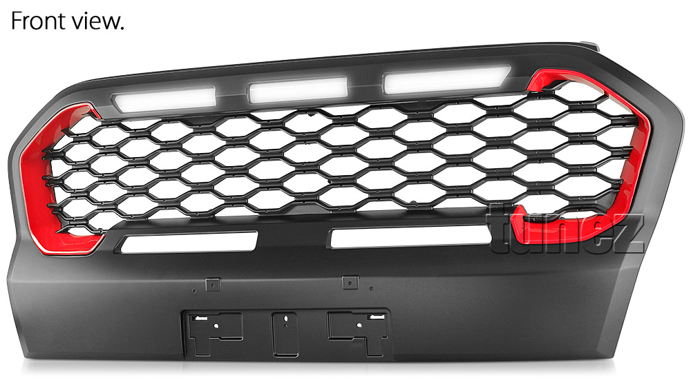 GFR09 Aftermarket Ford Ranger T6 PX MK3 MKIII Series Wildtrak 2018 2019 2020 Grill Grille Sports Storm Edition With Matte Matt Black Red Silver Bracket Fang ABS OEM Fitting UK United Kingdom USA Australia Europe For Car Truck Ute 3-piece LED White Daylight