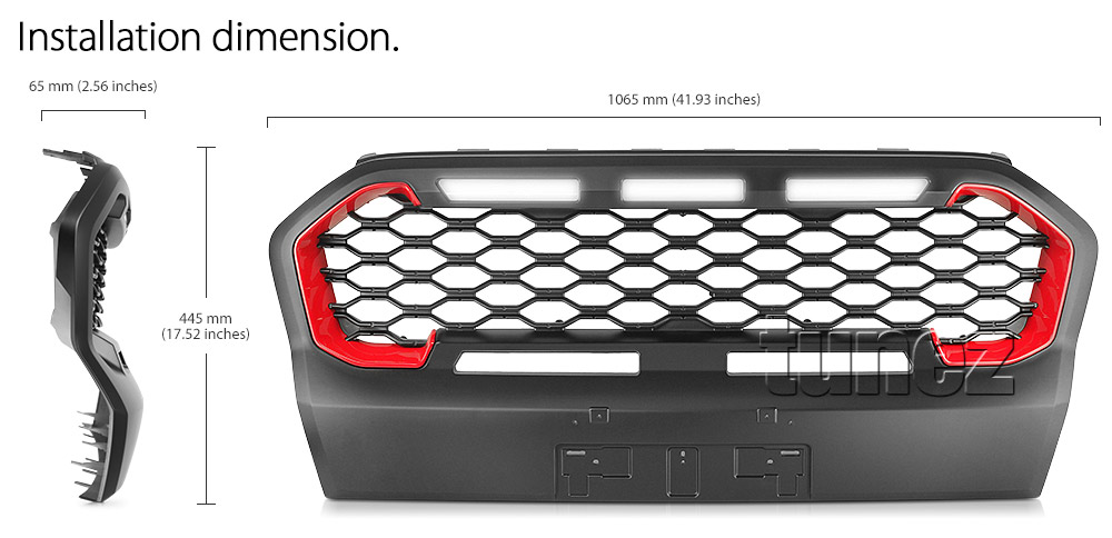 GFR09 Aftermarket Ford Ranger T6 PX MK3 MKIII Series Wildtrak 2018 2019 2020 Grill Grille Sports Storm Edition With Matte Matt Black Red Silver Bracket Fang ABS OEM Fitting UK United Kingdom USA Australia Europe For Car Truck Ute 3-piece LED White Daylight