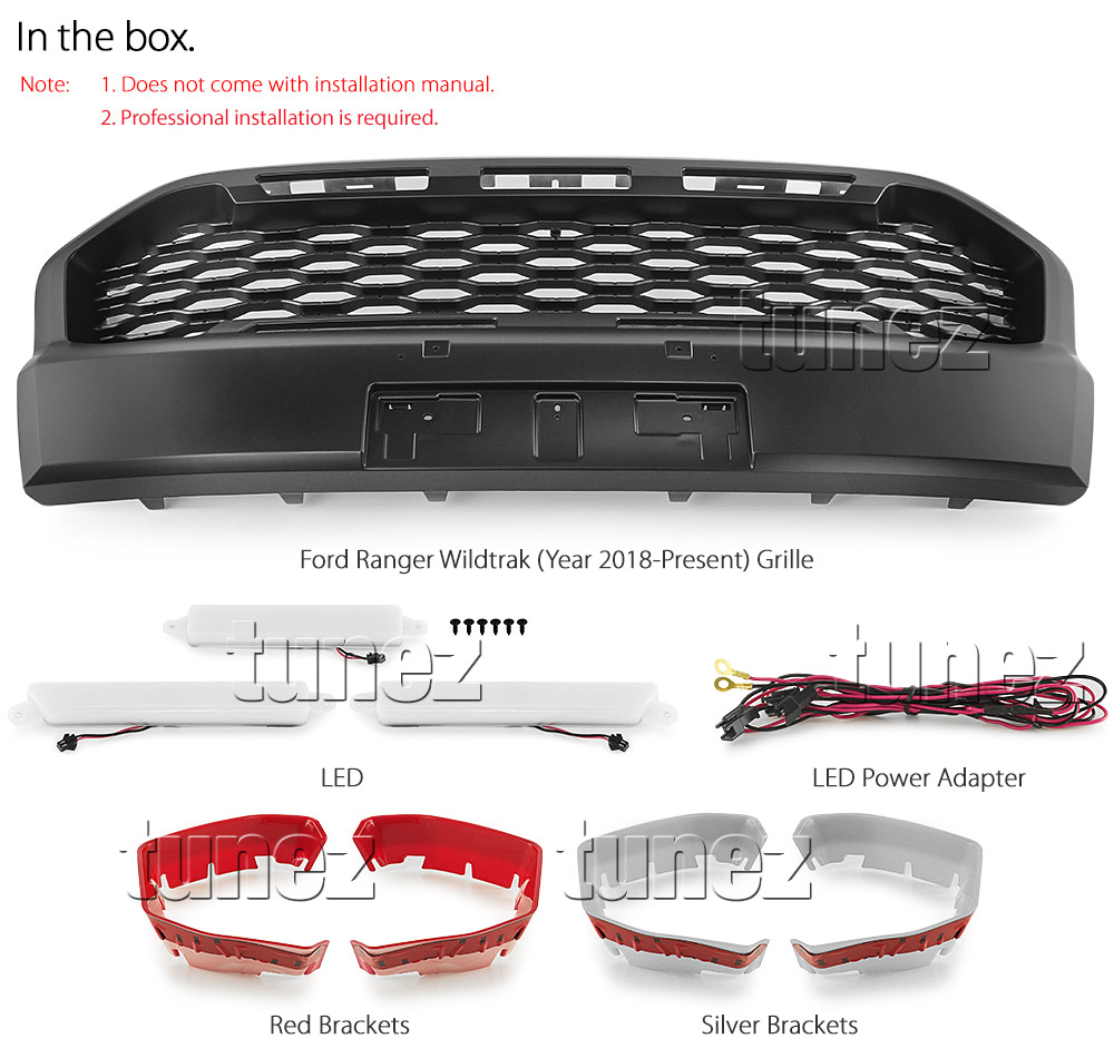 GFR09 Aftermarket Ford Ranger T6 PX MK3 MKIII Series Wildtrak 2018 2019 2020 Grill Grille Sports Storm Edition With Matte Matt Black Red Silver Bracket Fang ABS OEM Fitting UK United Kingdom USA Australia Europe For Car Truck Ute 3-piece LED White Daylight