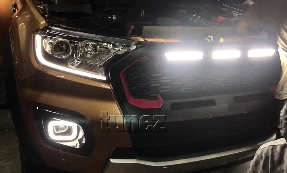 GFR09 Aftermarket Ford Ranger T6 PX MK3 MKIII Series Wildtrak 2018 2019 2020 Grill Grille Sports Storm Edition With Matte Matt Black Red Silver Bracket Fang ABS OEM Fitting UK United Kingdom USA Australia Europe For Car Truck Ute 3-piece LED White Daylight