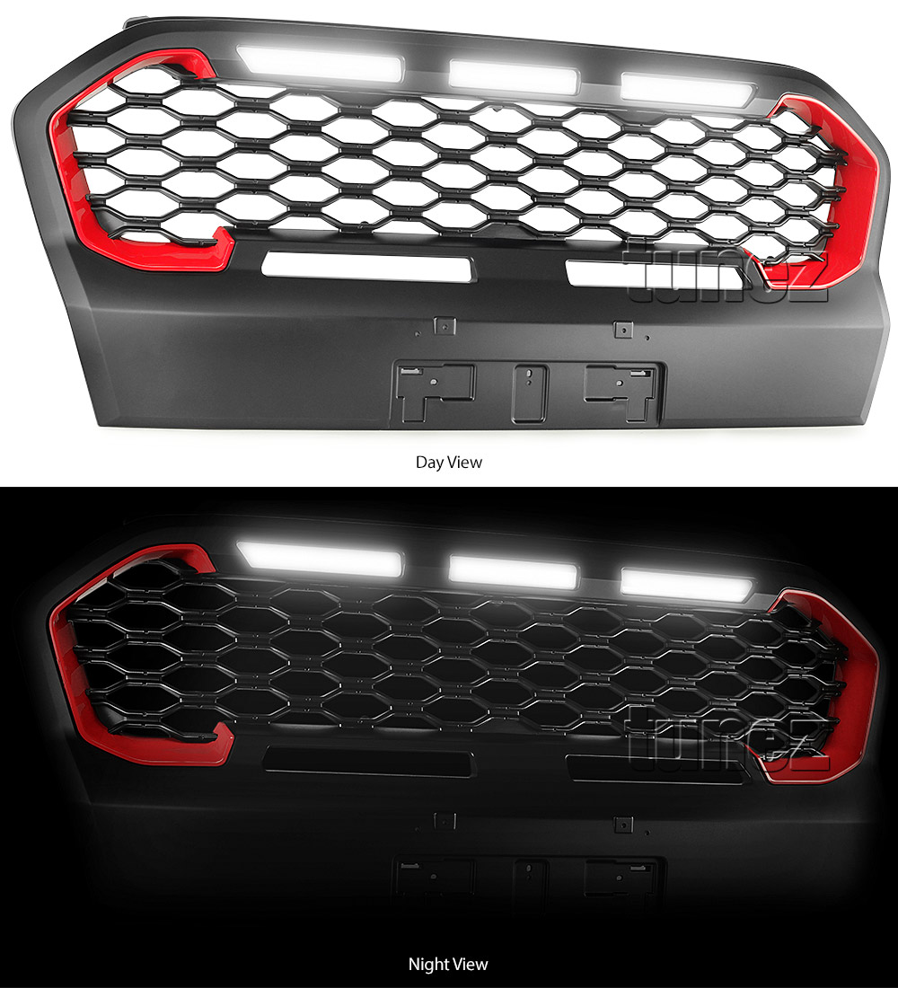 GFR09 Aftermarket Ford Ranger T6 PX MK3 MKIII Series Wildtrak 2018 2019 2020 Grill Grille Sports Storm Edition With Matte Matt Black Red Silver Bracket Fang ABS OEM Fitting UK United Kingdom USA Australia Europe For Car Truck Ute 3-piece LED White Daylight