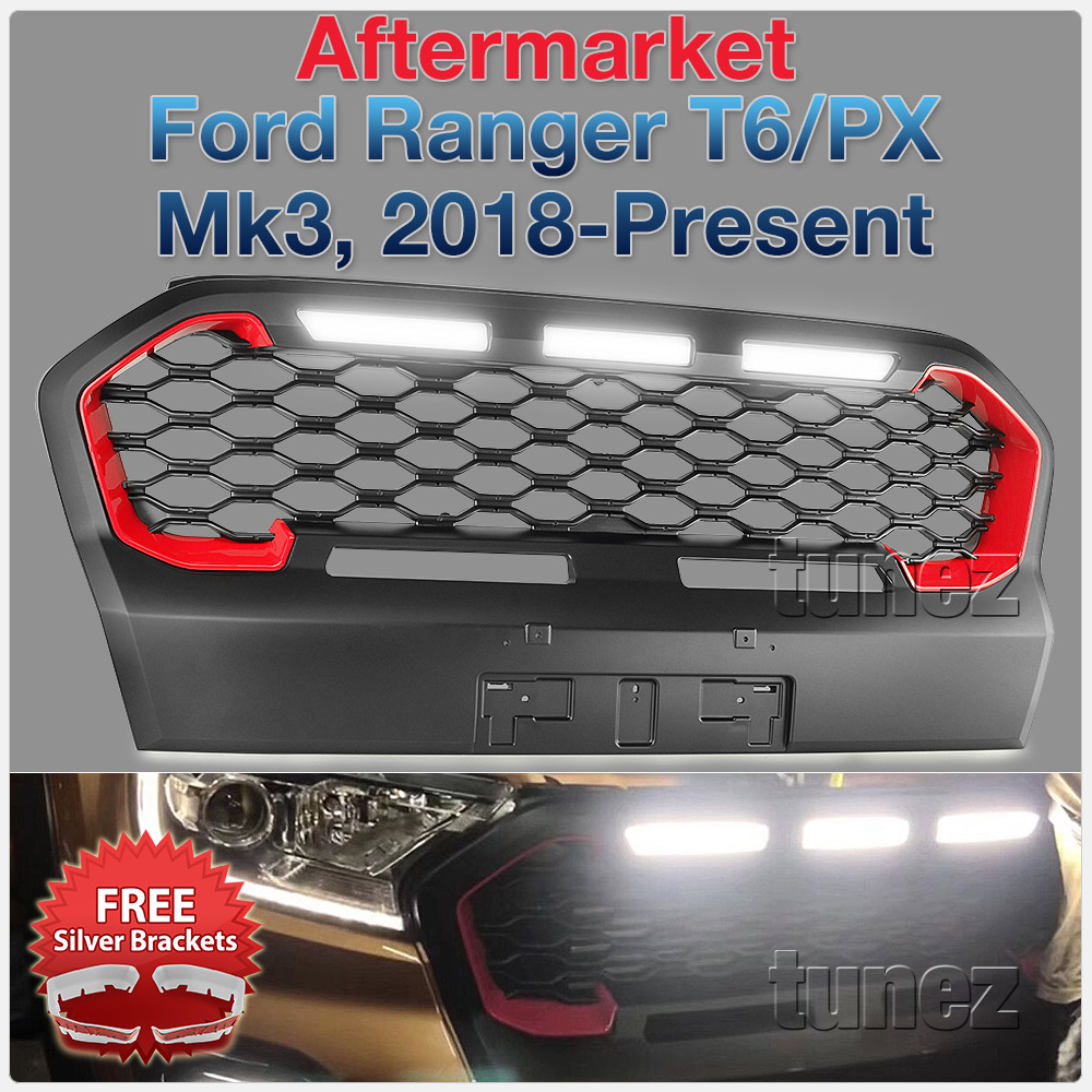 GFR09 Aftermarket Ford Ranger T6 PX MK3 MKIII Series Wildtrak 2018 2019 2020 Grill Grille Sports Storm Edition With Matte Matt Black Red Silver Bracket Fang ABS OEM Fitting UK United Kingdom USA Australia Europe For Car Truck Ute 3-piece LED White Daylight