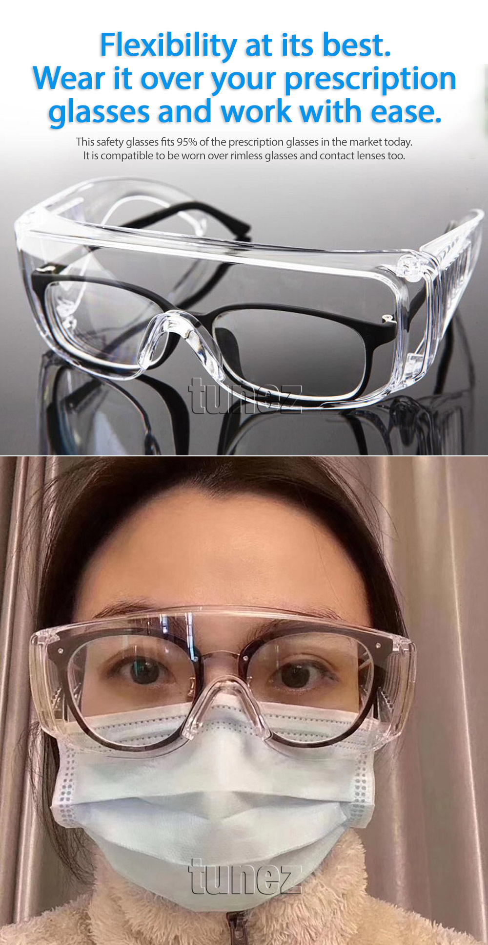 GG01 Surgical Medical Procedure Safety Protection Goggles Glasses Spectacles Eyewear Face Protective Hygiene Hygienically Shield Prevent Splashes Respiratory Droplets Pathogen Dustproof Light Weight Transparent Clear White Bacteria Guard Comfortable Prescription Glasses