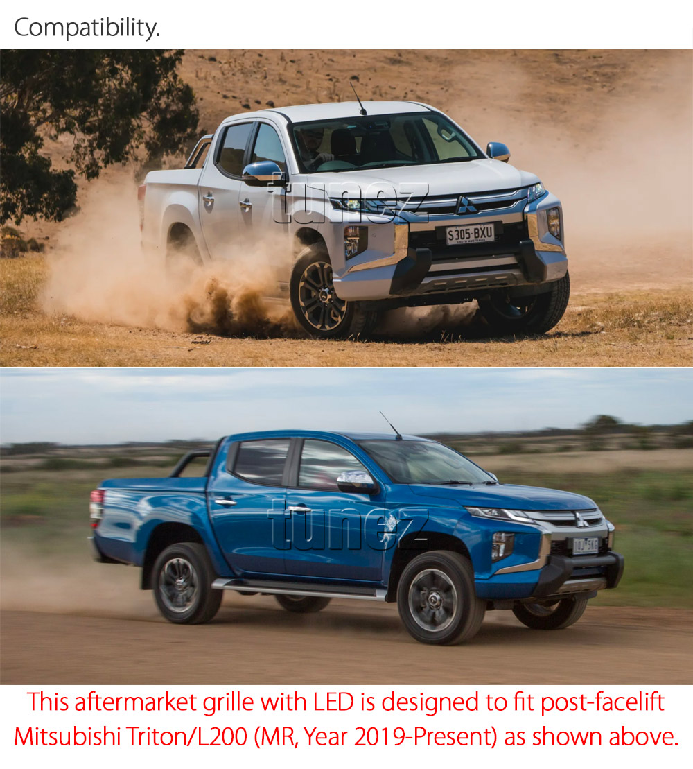 GMTR01 Mitsubishi Triton L200 5th Generation Gen Post-facelift Facelift Year 2018 2019 2020 2021 MR Chassis GLX + GLS Barbarian Warrior Titan Challenger Grille Grill Front Amber LED Light ABS Matte Matt Black OEM Fitting UK United Kingdom USA Australia Europe For Car Aftermarket 2019 2020 2021 2022