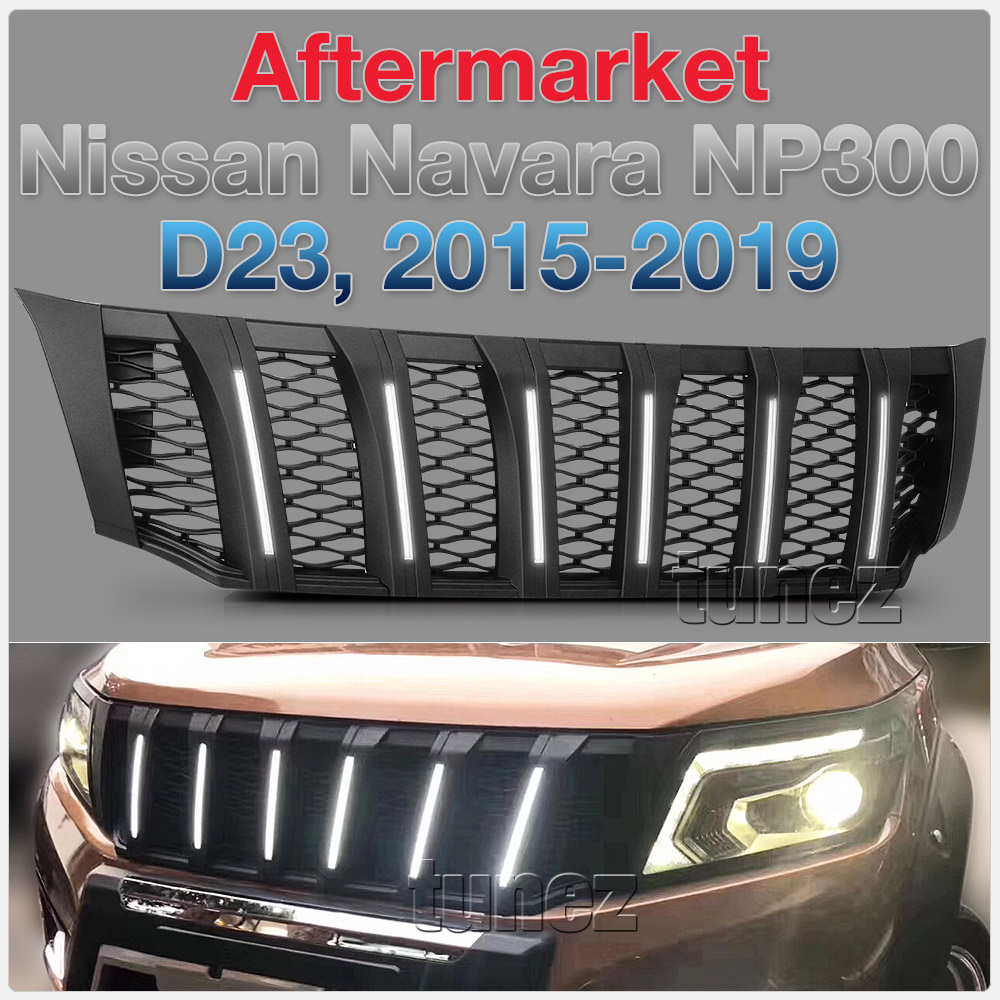 GNV01 Nissan Navara NP300 NP 300 D23 Series DX RX ST ST-X SL Visia Acenta Acenta+ N-Connecta Tekna Grill Grille With White LED Light ABS Matte Matt Black Nismo OEM Fitting UK United Kingdom USA Australia Europe For Car Aftermarket 2014 2015 2016 2017 2018 2019