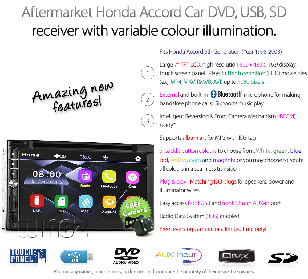 HACC06DVD Honda Accord 6th Generation Year 1998 1999 2000 2001 2002 2003 7-inch Double DIN 2-DIN Direct Loading Design Car DVD USB SD Player Radio Stereo Head Unit Details Aftermarket External And Internal Microphone Bluetooth MP3 MP4 AVI MKV RMVB Fascia Kit Panel Trim ISO Plug Wiring Harness Reversing Camera 1080p FHD HD Full High Definition 3.5mm AUX-in Plug and Play Installation Dimension tunez tunezmart Compatible Patch Lead