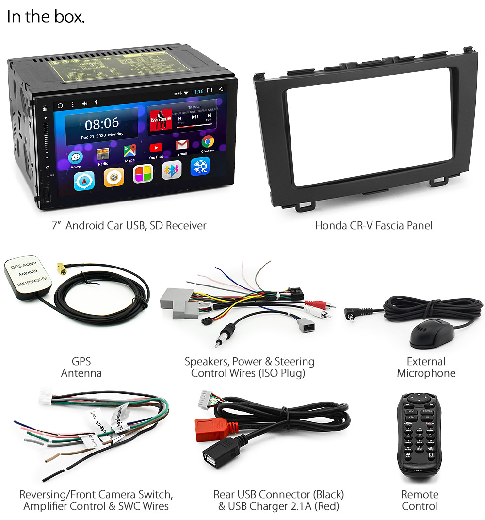 HCRV23AND GPS Aftermarket Honda CR-V CRV Year 2007 2008 2009 2010 2011 RE1 RE2 RE3 RE4 RE5 RE7 chassis 3rd generation gen Universal Double DIN Latest Australia UK European USA Original Android 7.1 Nougat car USB Charger 2.1A SD player radio stereo head unit details Aftermarket External and Internal Microphone Bluetooth Europe Sat Nav Navi Plug and Play ISO Plug Wiring Harness Matching Fascia Kit Facia Free Reversing Camera Album Art ID3 Tag RMVB MP3 MP4 AVI MKV Full High Definition FHD AirPlay Air Play MirrorLink Mirror Link 1080p DAB+ Digital Radio DAB + Connects2 CTSHO001.2