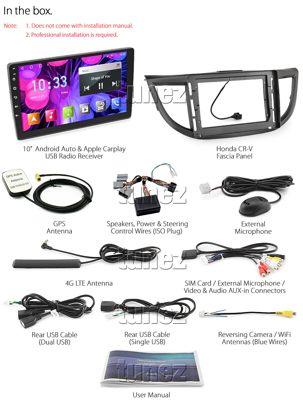 HCRV26AND GPS Aftermarket Honda CR-V CRV Year 2012 2013 2014 2015 2016 RM1 RM3 RM4 chassis 4th generation capacitive 10 inches touchscreen Universal Double DIN Latest Australia UK European USA Original CarPlay Android Auto 10 Car USB player radio stereo 4GdLTE WiFi head unit details Aftermarket External and Internal Microphone Bluetooth Europe Sat Nav Navi Plug and Play ISO Plug Wiring Harness Matching Fascia Kit Facia Free Reversing Camera Album Art ID3 Tag RMVB MP3 MP4 AVI MKV Full High Definition FHD 1080p DAB+ Digital Radio DAB + Connects2 CTSIZ001.2