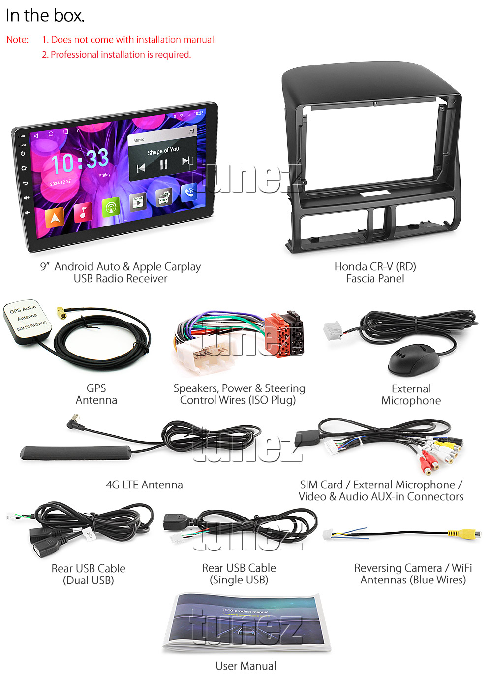 HCRV29AND GPS Aftermarket Honda CR-V CRV Year 2002 2003 2004 2005 2006 RD chassis 9-inch touchscreen Universal Double DIN Latest Australia UK European USA Original CarPlay Android Auto 10 Car USB player radio stereo 4G LTE WiFi head unit details Aftermarket External and Internal Microphone Bluetooth Europe Sat Nav Navi Plug and Play ISO Plug Wiring Harness Matching Fascia Kit Facia Free Reversing Camera Album Art ID3 Tag RMVB MP3 MP4 AVI MKV Full High Definition FHD 1080p DAB+ Digital Radio DAB + Connects2 CTSIZ001.2