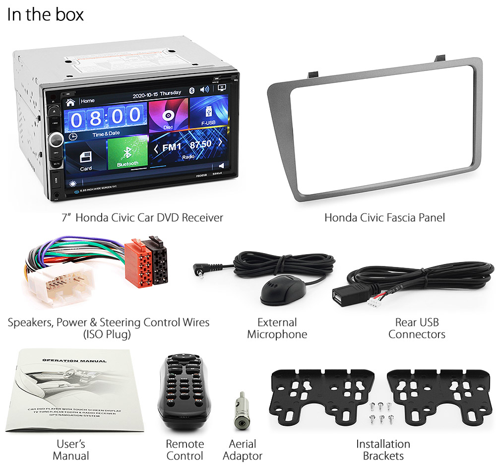 HCVC16DVD 7-inch Aftermarket Honda Civic Hatchback 3-Door 7th Generation, EP2, EP3, EP4 Year 2001 2002 2003 2004 2005 Universal Direct Loading design car DVD USB SD player MP3 Album Art ID3 Tag RDS radio stereo head unit details AUX-in Aftermarket External and Internal Microphone Bluetooth RMVB MP4 AVI MKV 1080p Full High Definition FHD Free Reversing Camera UK United Kingdom Fascia Facia Kit ISO Plug Wiring Harness Steering Wheel Control buttons Double DIN Patch Lead Connects2 tunez tunezmart